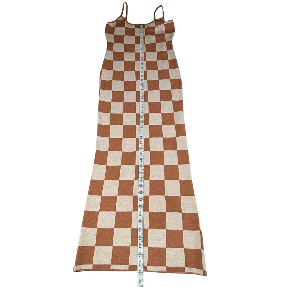 Checkered Maxi Dress M Retro Y2K 70s Brown Cream Bodycon Knit Vintage Inspired - Picture 9 of 9